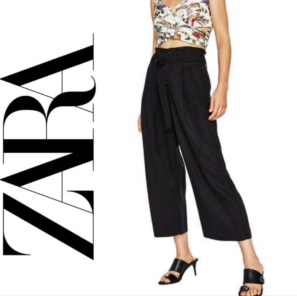Zara Culotte High Waisted Wide Leg Tie Belted Waist Cropped Pants